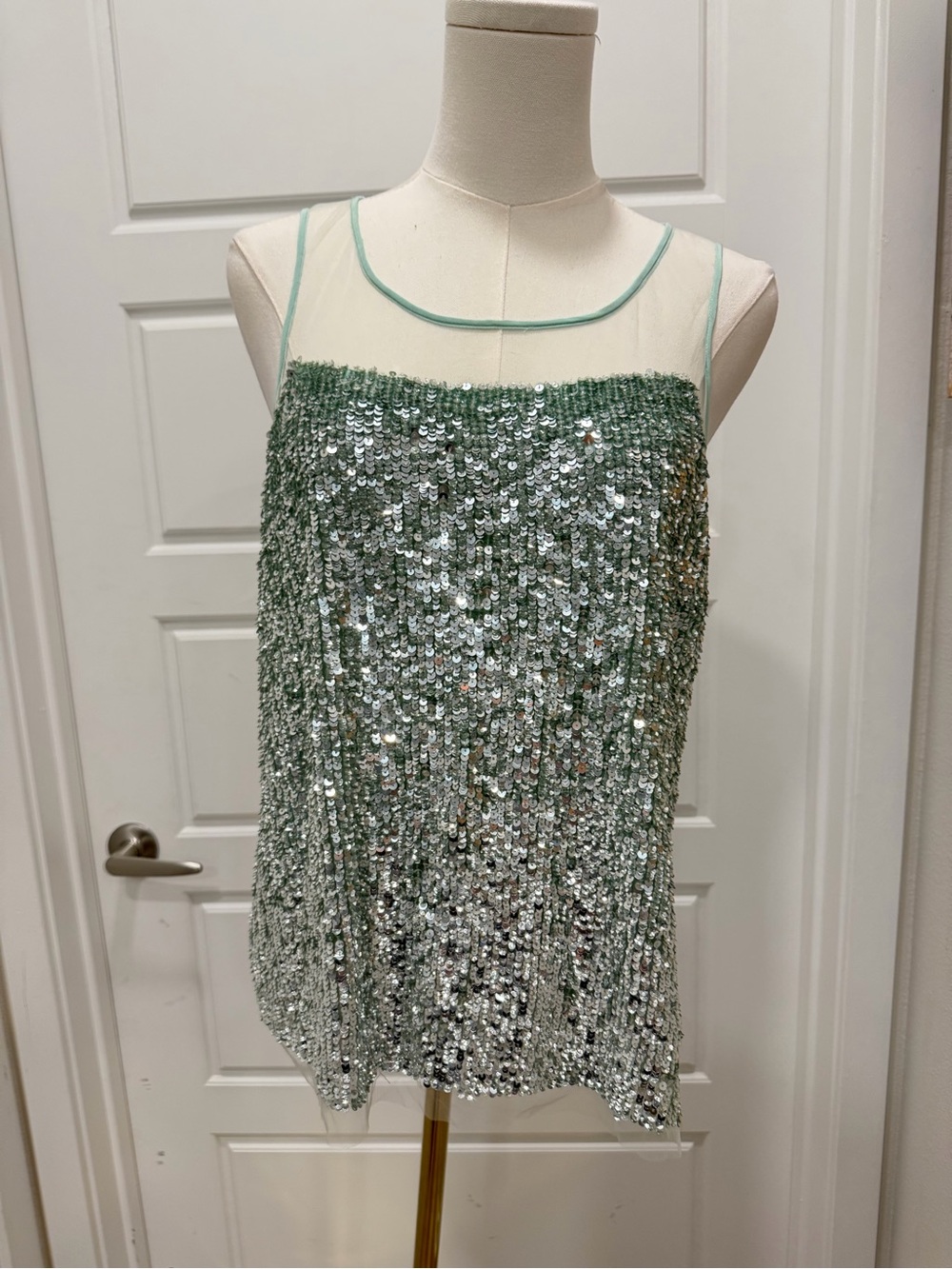 Renzo and Kai Sequin Mesh Scoop Neck Tank Top - Mint Green - Picture 2 of 8